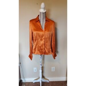 Rafaella Womens Burnt Orange Silk Blend Satin Button Up Blouse Size 10